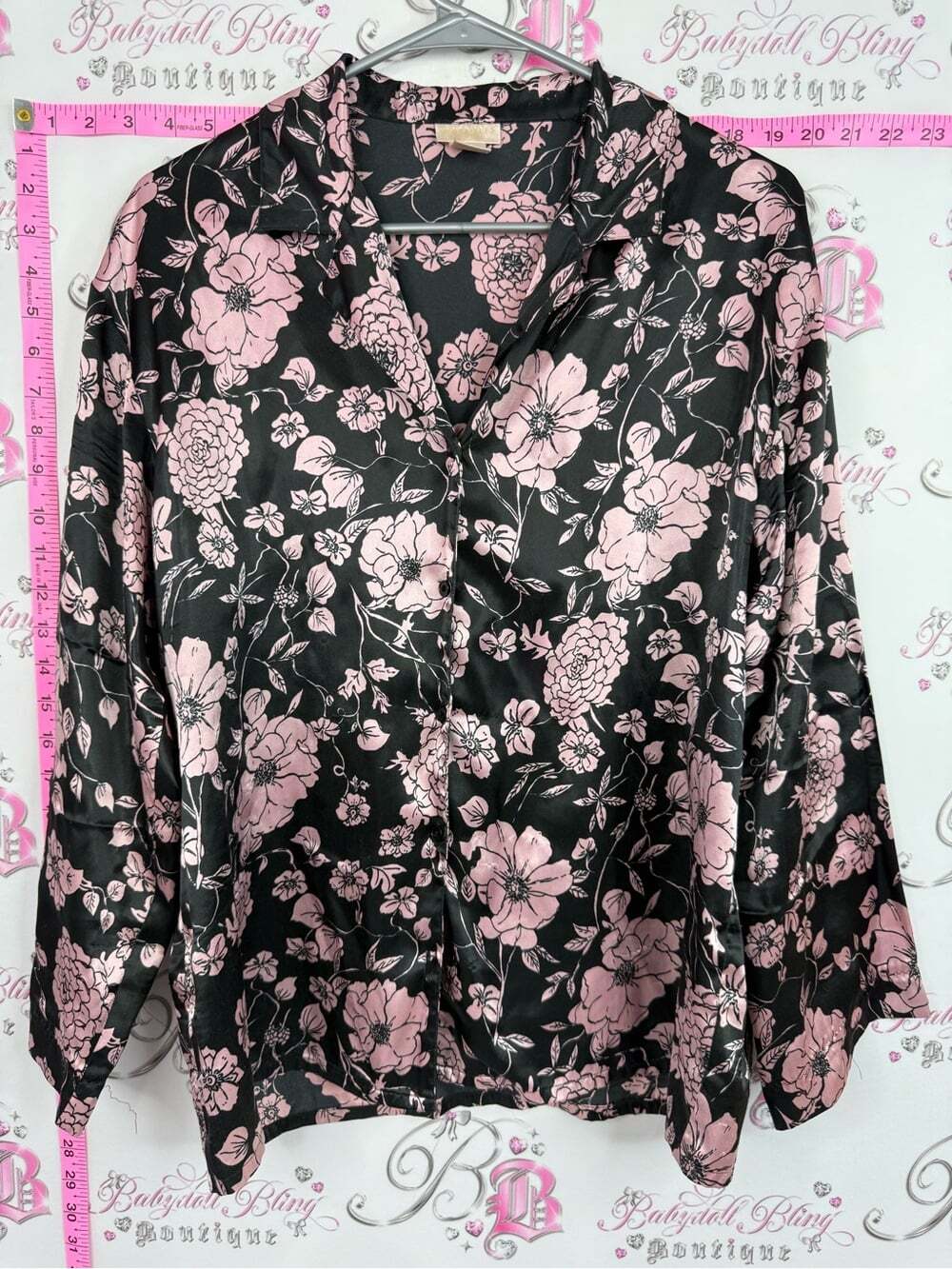 VERSAILLES Black Satin Button-Down Shirt with Pink Floral Pattern